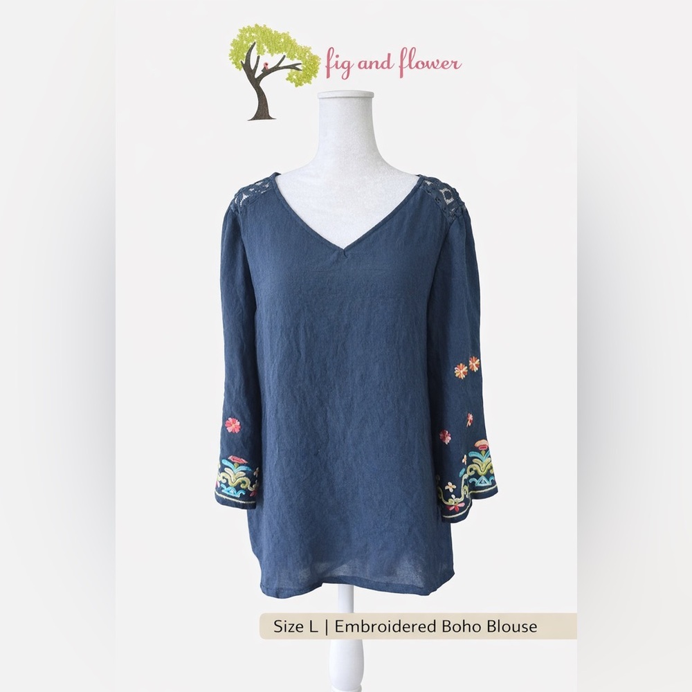 fig and flower Navy Embroidered V-Neck Tunic
